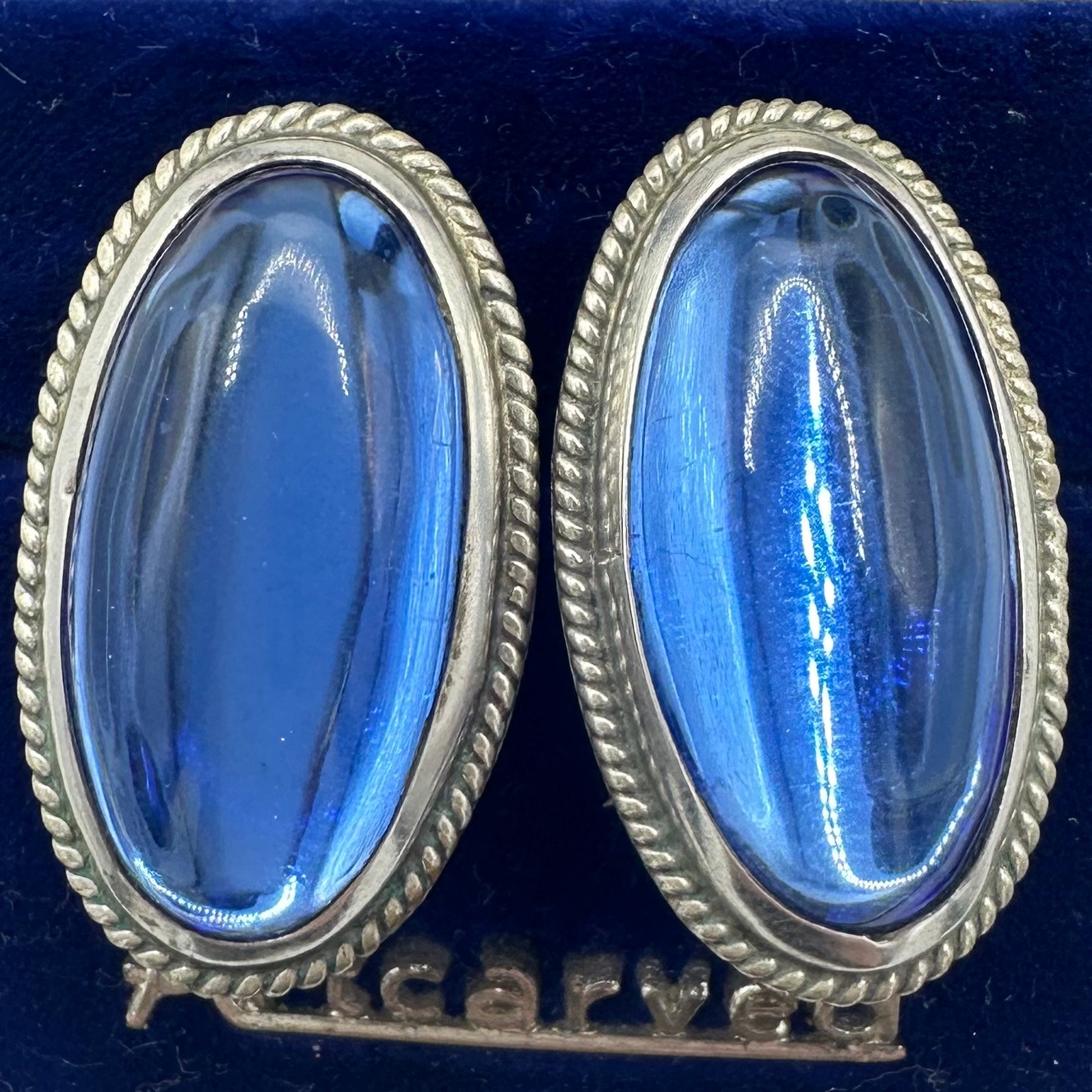 Taxco 1940s Vintage Sterling Silver Blue Glass Cabochons Screw Back Earrings 48$